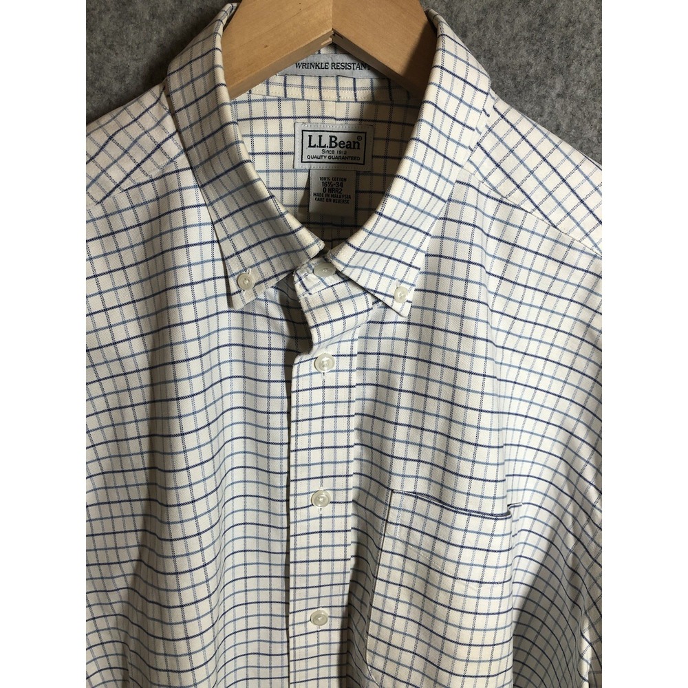 L.L. Bean Shirt Men 16.5 34 Blue Check Comfort Kennebunk Oxford Career Classic
